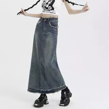 Женская джинсовая юбка: Высокая талия, необработанные края, ретро, облегающие бедра, средняя длина, повседневные, прямой крой. M