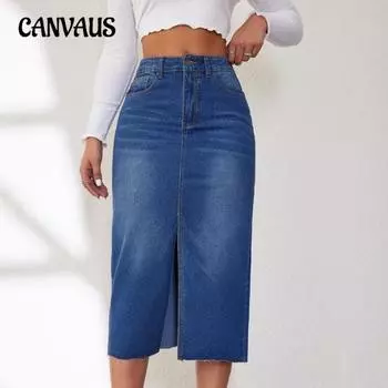 Женская джинсовая юбка, винтажная эластичная джинсовая полуюбка средней длины с разрезом, полуюбка S синий