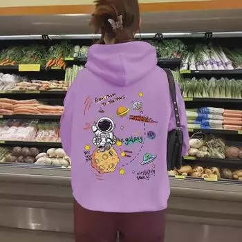 Женская европейская и американская космическая принтовая толстовка с капюшоном из бархата с карманом-кенгуру M розовый