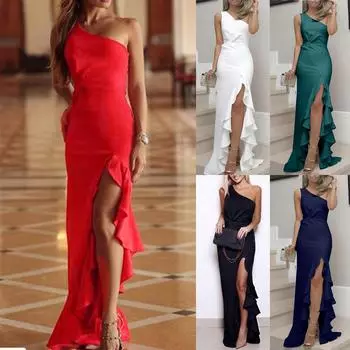 Женская европейская и американская мода, сексуальное тонкое однотонное платье с талией и изломами, нерегулярная юбка с рюшами, платье без рукавов с наклонными плечами L чёрный