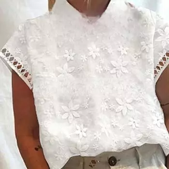 Женская европейская и американская рубашка-пуловер с высоким воротником и вышитым кружевом 2023 2XL белый