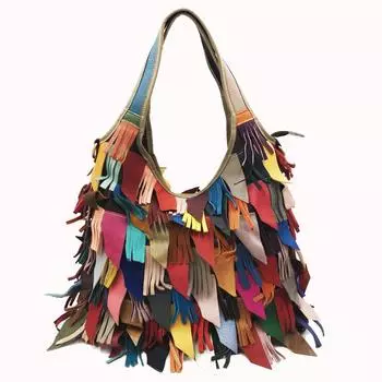 Женская европейская и американская сумка-тоут кроссбоди из натуральной кожи с кисточками и пэчворком - Красочная, модная и универсальная