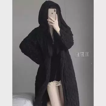 Женская фланелевая ночная пижама с капюшоном - черный плотный теплый коралловый флис, большой размер 2XL