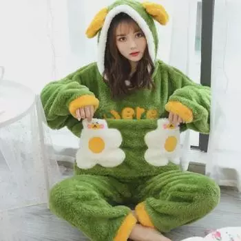 Женская фланелевая пижама с капюшоном и длинным ворсом - толстый, теплый флисовый костюм кораллового цвета для осени/зимы Extra Large