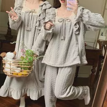 Женская фланелевая жаккардовая ночная рубашка принцессы: Милая пижама из кораллового флиса на осень/зиму XX-Large