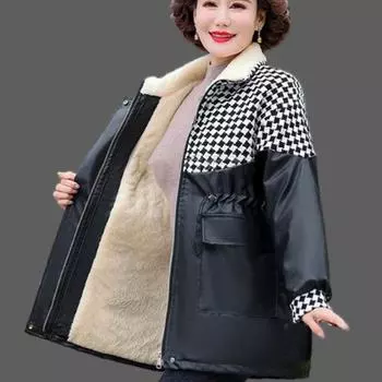 Женская флисовая кожаная куртка большого размера, парка из искусственной кожи, зимняя свободная кожаная байкерская куртка, толстое флокированное кожаное пальто XL чёрный