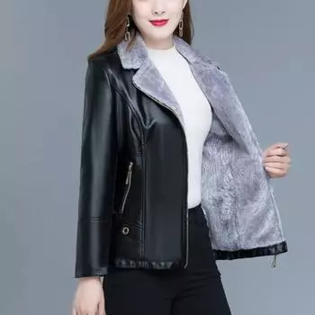Женская флисовая кожаная куртка Slim Plus Velvet Leather Biker Jacket Plus Size Толстое флокированное кожаное пальто Осень Зима XL чёрный
