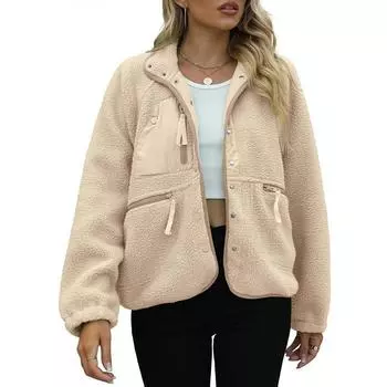Женская флисовая куртка осень-зима, повседневная, однотонная, теплая, с длинным рукавом, модная, с карманами, верхняя одежда S светло-серый