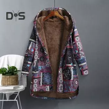 Женская флисовая куртка осень-зима с этническим принтом, куртка с капюшоном, теплая верхняя одежда с длинным рукавом, пальто с пуговицами спереди для повседневной носки и активного отдыха на свежем воздухе M фиолетовый