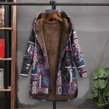 Женская флисовая куртка осень-зима с этническим принтом, куртка с капюшоном, теплая верхняя одежда с длинным рукавом, пальто с пуговицами спереди для повседневной носки и активного отдыха на свежем воздухе M фиолетовый