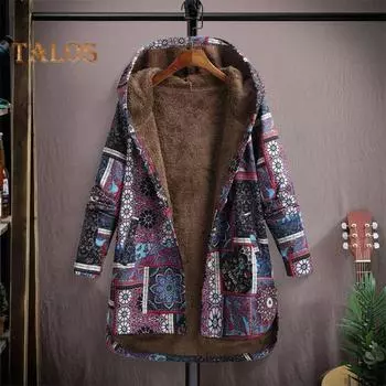 Женская флисовая куртка осень-зима с этническим принтом, куртка с капюшоном, теплая верхняя одежда с длинным рукавом, пальто с пуговицами спереди для повседневной носки и активного отдыха на свежем воздухе M фиолетовый