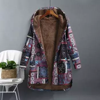 Женская флисовая куртка осень-зима с этническим принтом, куртка с капюшоном, теплая верхняя одежда с длинным рукавом, пальто с пуговицами спереди для повседневной носки и активного отдыха на свежем воздухе M фиолетовый