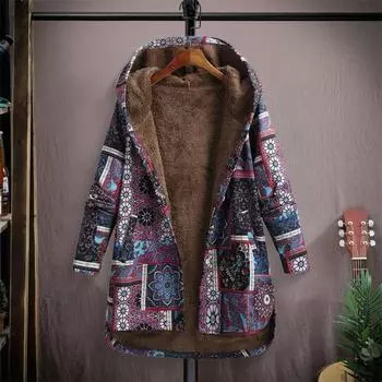 Женская флисовая куртка осень-зима с этническим принтом и капюшоном, теплая верхняя одежда с длинным рукавом M фиолетовый