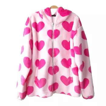 Женская флисовая куртка с капюшоном на осень-зиму с длинными рукавами, карманами на молнии, плюшевая толстовка с принтом сердца и медведя Pri L розовый