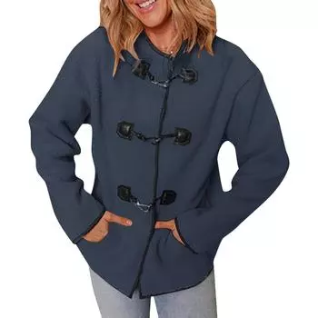 Женская флисовая куртка с пушистым верхом, повседневная, с длинным рукавом, теплая, зимняя, с карманами M синий