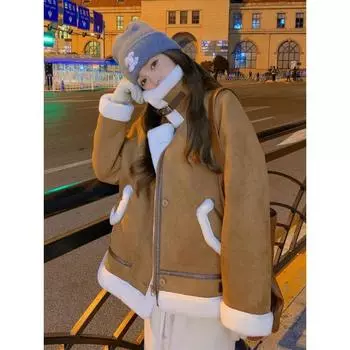 Женская флисовая куртка с утолщенным мехом, зимняя свободная версия 2024 года, маленький верх из замшевого мотоциклетного костюма Below S 47.5kg