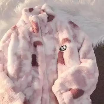 Женская флисовая куртка Tie Dye Lamb, осенне-зимняя верхняя одежда на молнии, теплые плюшевые куртки в стиле Харадзюку, повседневное свободное женское толстое пальто