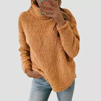 Женская флисовая меховая водолазка с длинным рукавом, пуловер, осенняя повседневная свободная блузка
