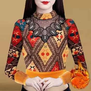 Женская флисовая нижняя рубашка, эластичная майка с кружевным принтом, осенне-зимняя толстая теплая пуловер с длинными рукавами, футболка с принтом, топ L