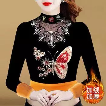 Женская флисовая рубашка-подкладка, осенне-зимняя футболка с длинными рукавами и принтом, облегающая теплая кружевная основа, пуловер, топ L