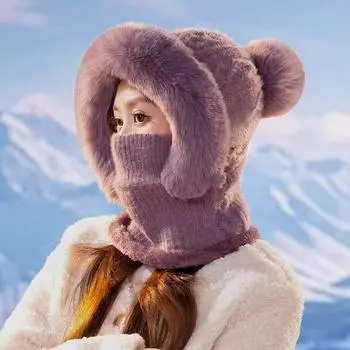 Женская флисовая шапка-бини из кашемира, меховая шапка, шарф, маска, шнурок, теплая зимняя шапка-балаклава с капюшоном, вязаная шапка one size бежевый