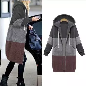 Женская флисовая толстовка на молнии с открытым капюшоном, длинное пальто, куртка, верхняя одежда L чёрный