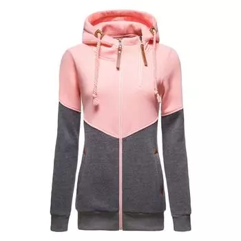 Женская флисовая толстовка с капюшоном и длинными рукавами, с двойной молнией и цветными блоками XS