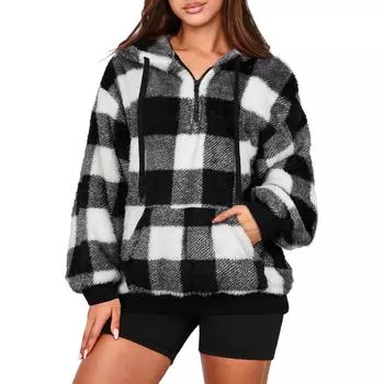 Женская флисовая толстовка с застежкой-молнией на половину длины, свободный повседневный свитер с длинным рукавом M чёрный