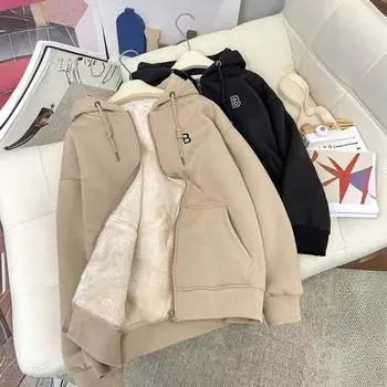 Женская флисовая утолщенная толстовка с капюшоном из овечьей шерсти, осенне-зимняя свободная теплая куртка с длинным рукавом на молнии M абрикосовый