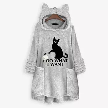 Женская флисовая вышивка с кошачьими ушками, толстовка с капюшоном больших размеров, карманный топ, свитер, блузка XXXL