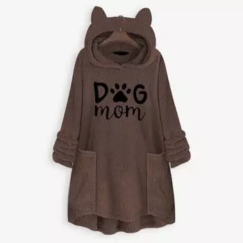 Женская флисовая вышивка с кошачьими ушками, толстовка с капюшоном больших размеров, карманный топ, свитер, блузка S серый