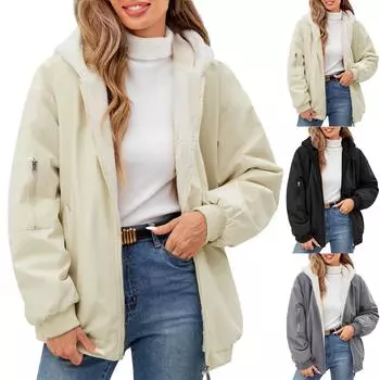 Женская флисовая зимняя куртка с капюшоном, двусторонняя, с длинным рукавом, повседневная толстовка, пальто с карманами L бежевый