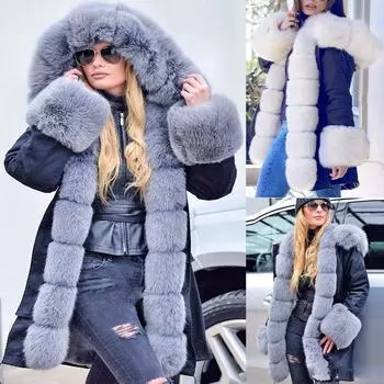 Женская флисовая зимняя куртка с капюшоном, теплое пальто с длинными рукавами и рыбьим хвостом M серый