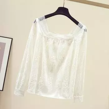 Женская французская кружевная блузка с квадратным вырезом, осень 2023, милая элегантная кружевная рубашка, женский свободный топ с длинными рукавами 28551 S абрикосовый