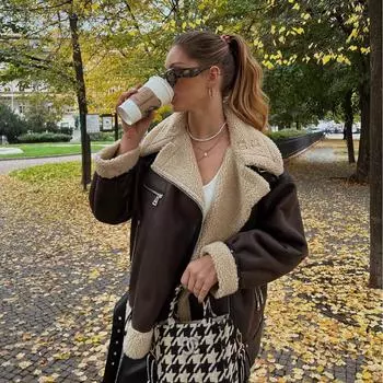 Женская французская меховая куртка с несколькими молниями в европейском и американском стиле XS темно-коричневого