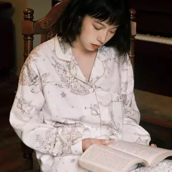 Женская французская пижама из хлопка с начесом — удобный свободный комплект с длинными рукавами для весны и осени XXL (up to 165 jin)