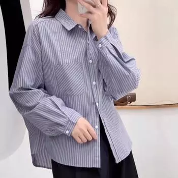 Женская французская полосатая свободная повседневная рубашка с длинным рукавом на весну/осень 2025 Medium