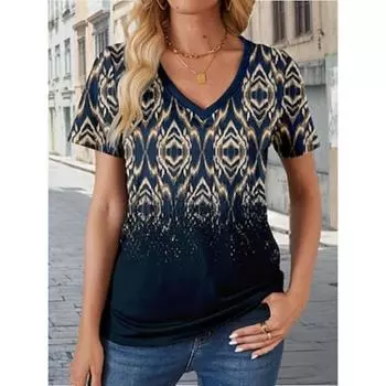 Женская футболка 100% хлопок стильный повседневный принт короткий рукав обычные топы V-образный вырез повседневный темно-синий лето весна S