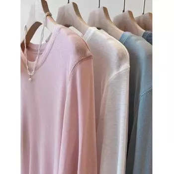 Женская футболка 2023 года из мягкой шерсти и тенселя с длинными рукавами и круглым вырезом, однотонная футболка с маской Medium розовый