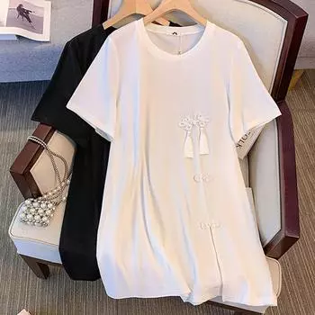 Женская футболка 2XL ~ 6XL, длинная рубашка больших размеров, толстая рубашка, женская рубашка Cheongsam, свободная футболка 2XL чёрный