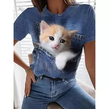 Женская футболка 3D Cat Daily Casual с коротким рукавом Синяя летняя S
