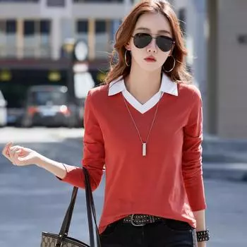 Женская футболка 3XL из чистого хлопка с длинными рукавами, весна и осень, новые облегающие топы, женские топы, простая флип-поло M