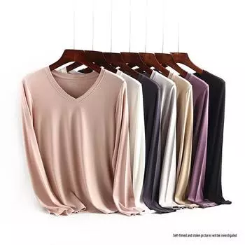 Женская футболка 60-х годов из модала с V-образным вырезом и длинным рукавом - базовая рубашка в корейском стиле для поездок на работу L (Recommended Weight: 105-120 jin)