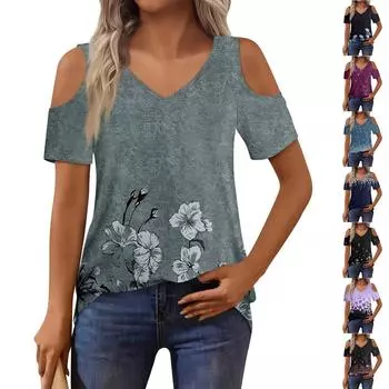 Женская футболка, элегантная повседневная рубашка с принтом, короткий рукав, летний топ свободного кроя L чёрный