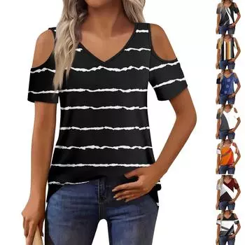 Женская футболка, элегантная повседневная рубашка с принтом, короткий рукав, летний топ свободного кроя L чёрный