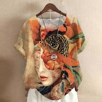 Женская футболка Art Face, новинка 2023 года, летняя модная женская одежда, топы с 3d-цветками в виде лица, футболка, повседневная уличная одежда, женская футболка большого размера 3XL