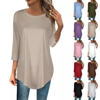 Женская футболка Асимметричная футболка с семью рукавами для праздников и выходных, мода с круглым вырезом, обычный однотонный топ L чёрный