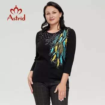 Женская футболка Astrid, хлопковая женская футболка большого размера с длинными рукавами, 2022 г., винтажная модная модная пшеничная ромбовидная футболка с принтом, тенденции 48 чёрный