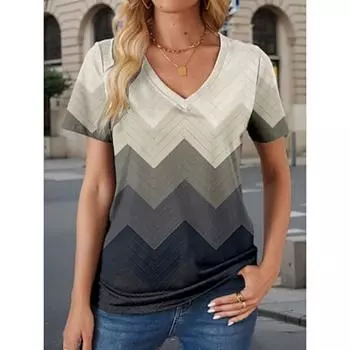 Женская футболка, базовая, повседневная, с цветным градиентом, геометрическим узором, обычные топы с коротким рукавом, V-образным вырезом, с принтом, стандартный крой, повседневная, темно-синяя, летняя S