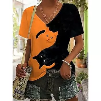 Женская футболка, базовая, повседневная, с цветным принтом кота, с коротким рукавом, обычные топы с V-образным вырезом, повседневная, летняя S